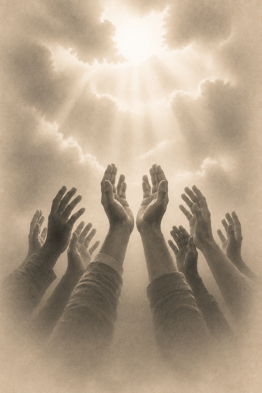Hands raised toward light in prayer